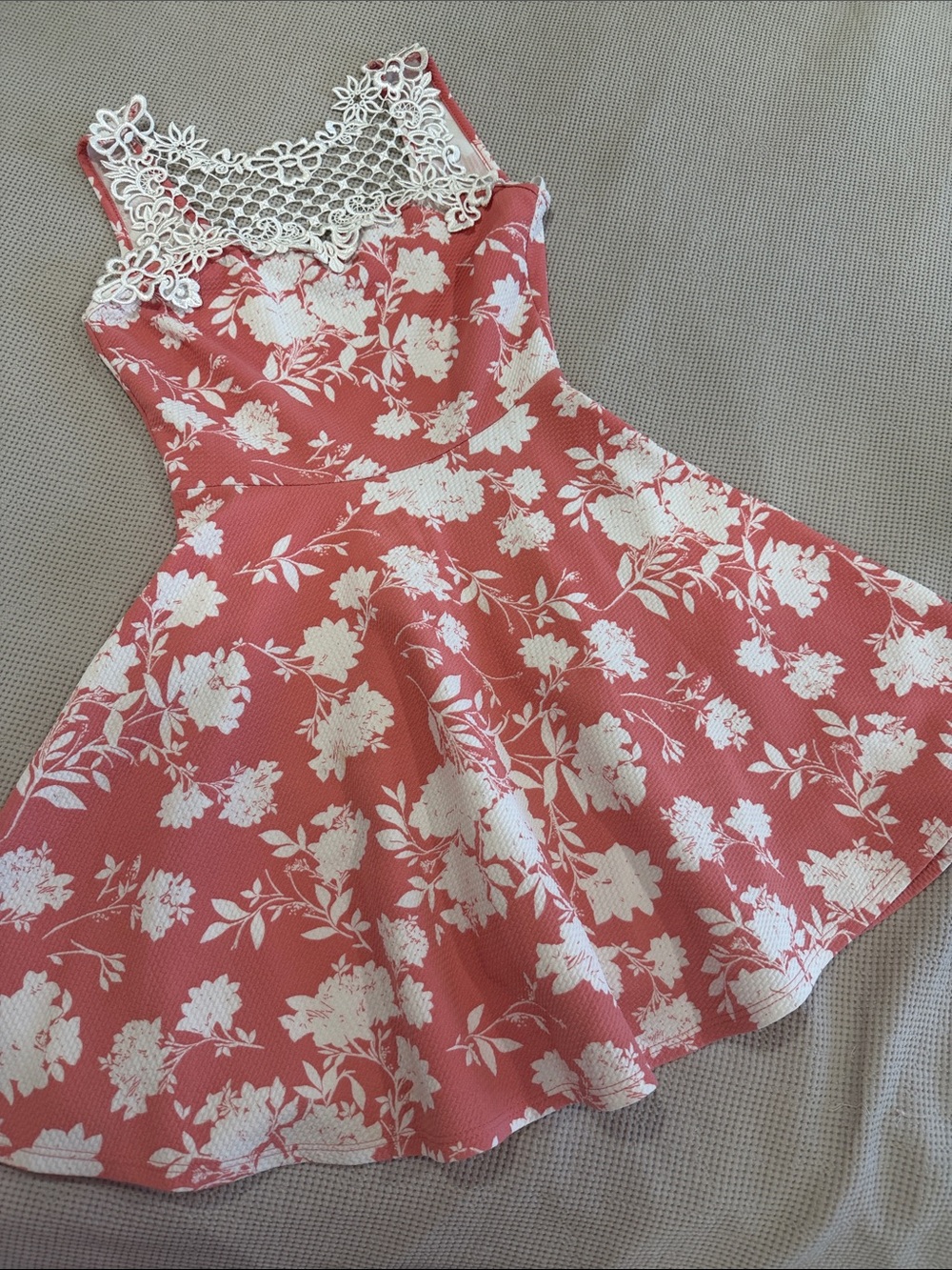 Fashion Magazine Coral Pink Floral Dress with White Lace Yoke